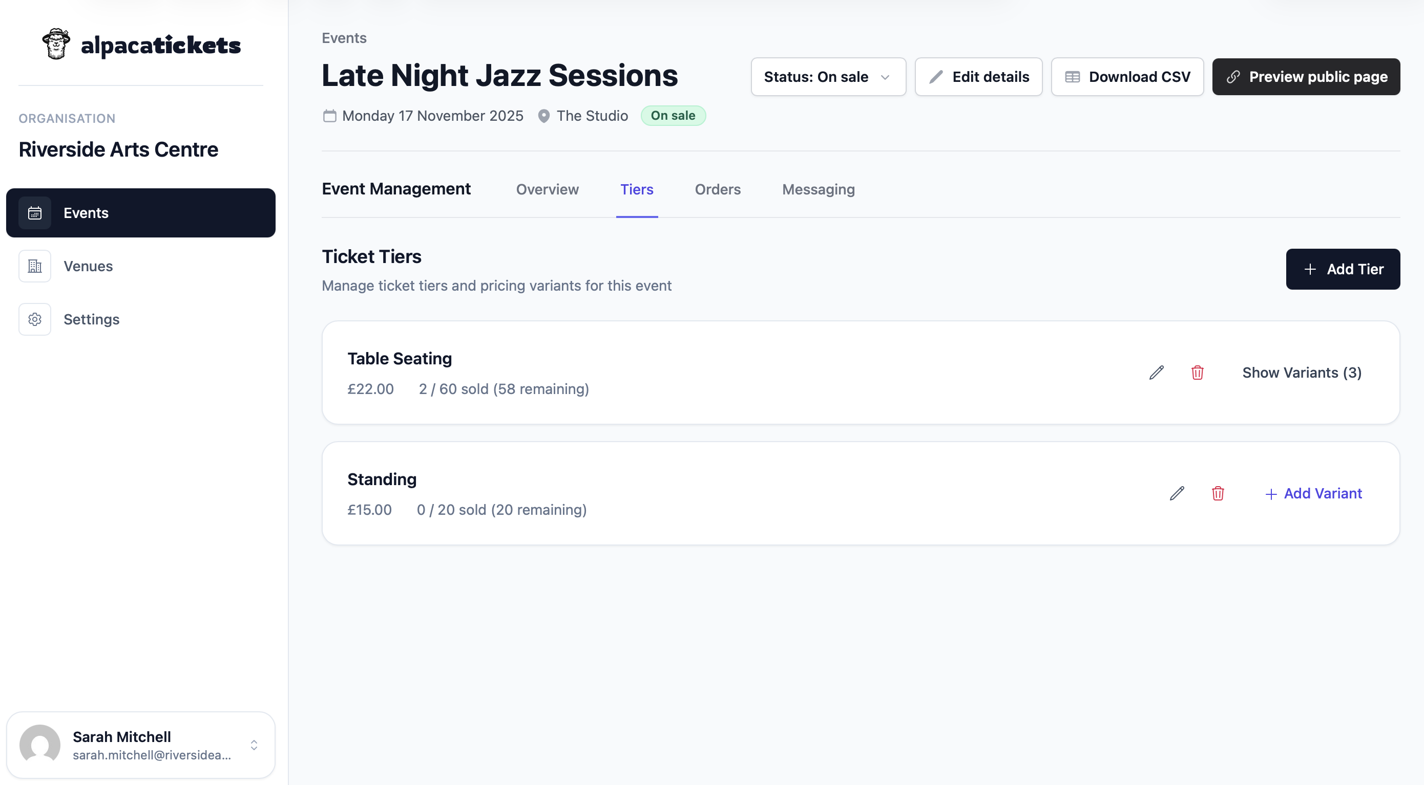 Example admin page showing event management features