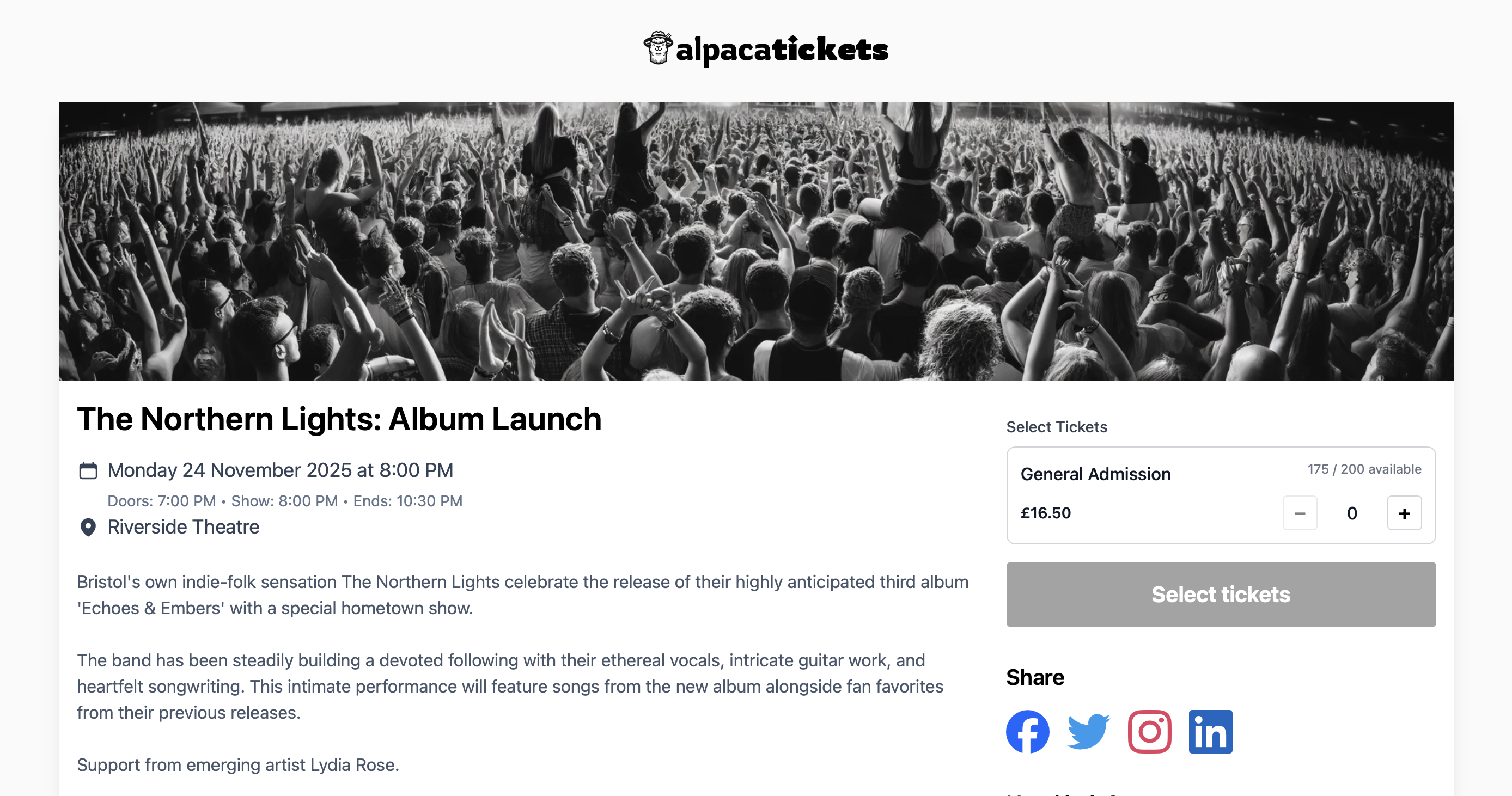 Event page example showing Late Night Jazz Sessions